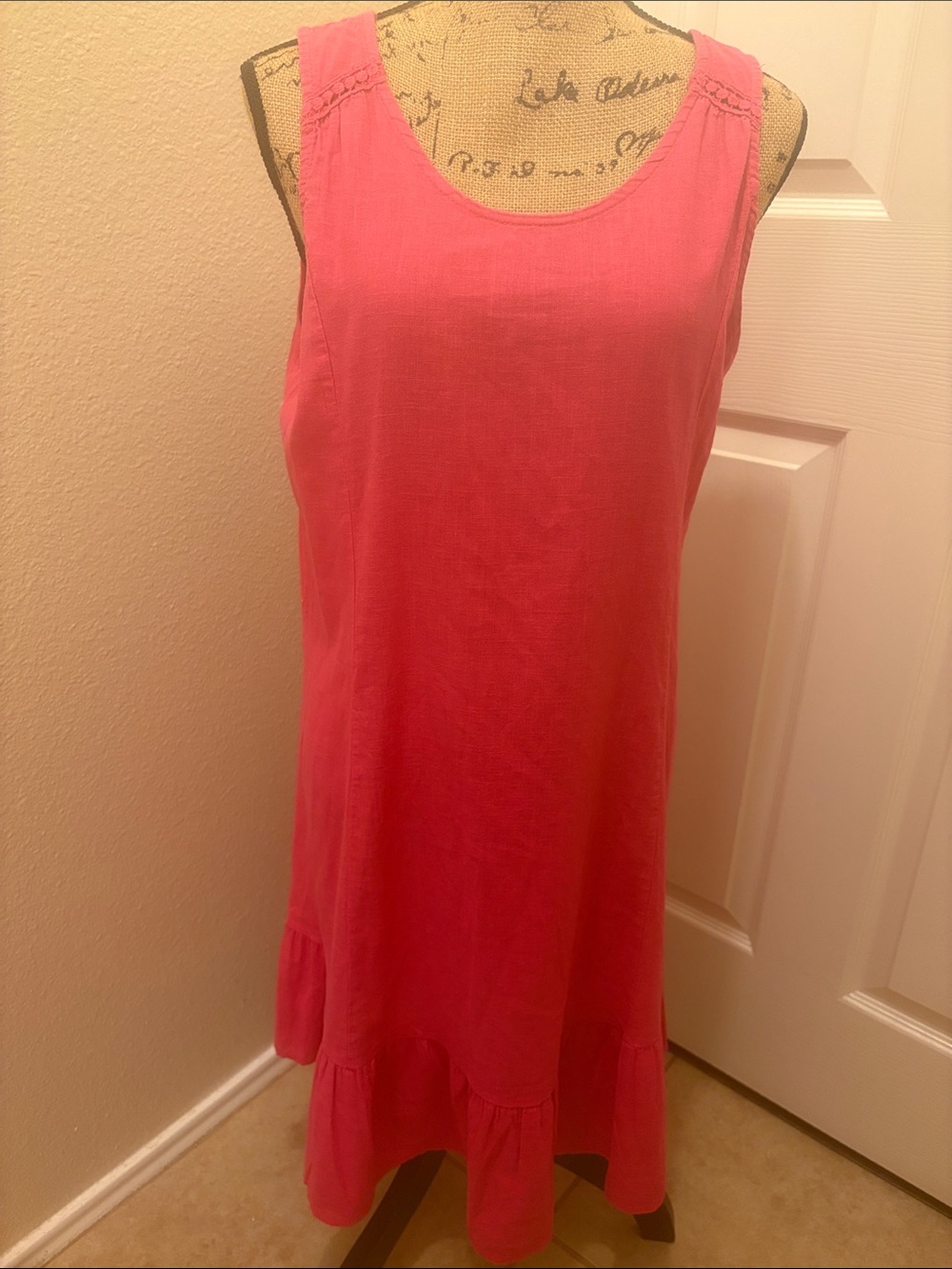 Sleeveless Coral-Pink Midi Linen Dress with Ruffle Hem A169